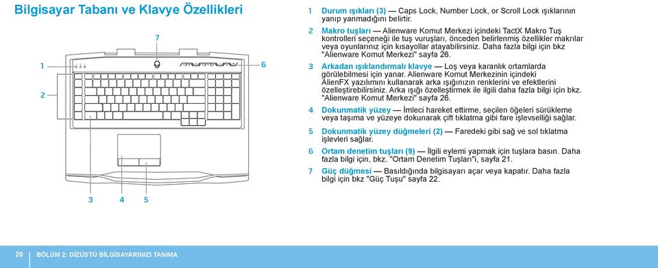 Daha fazla bilgi için bkz "Alienware Komut Merkezi" sayfa 26. 3 Arkadan ışıklandırmalı klavye Loş veya karanlık ortamlarda görülebilmesi için yanar.