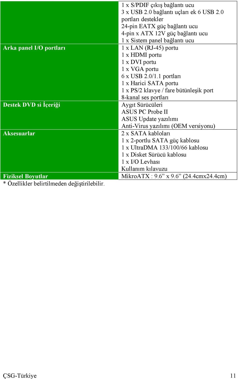 0/1.1 portları 1 x Harici SATA portu 1 x PS/2 klavye / fare bütünleşik port 8-kanal ses portları Aygıt Sürücüleri ASUS PC Probe II ASUS Update yazılımı Anti-Virus yazılımı (OEM versiyonu) 2