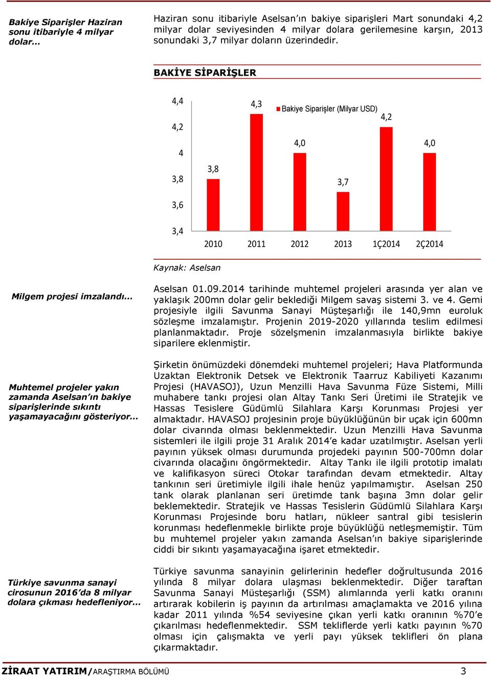 BAKİYE SİPARİŞLER 4,4 4,2 4 3,8 3,6 3,8 4,3 Bakiye Siparişler (Milyar USD) 4,0 3,7 4,2 4,0 3,4 2010 2011 2012 2013 1Ç2014 2Ç2014 Kaynak: Aselsan Milgem projesi imzalandı Muhtemel projeler yakın