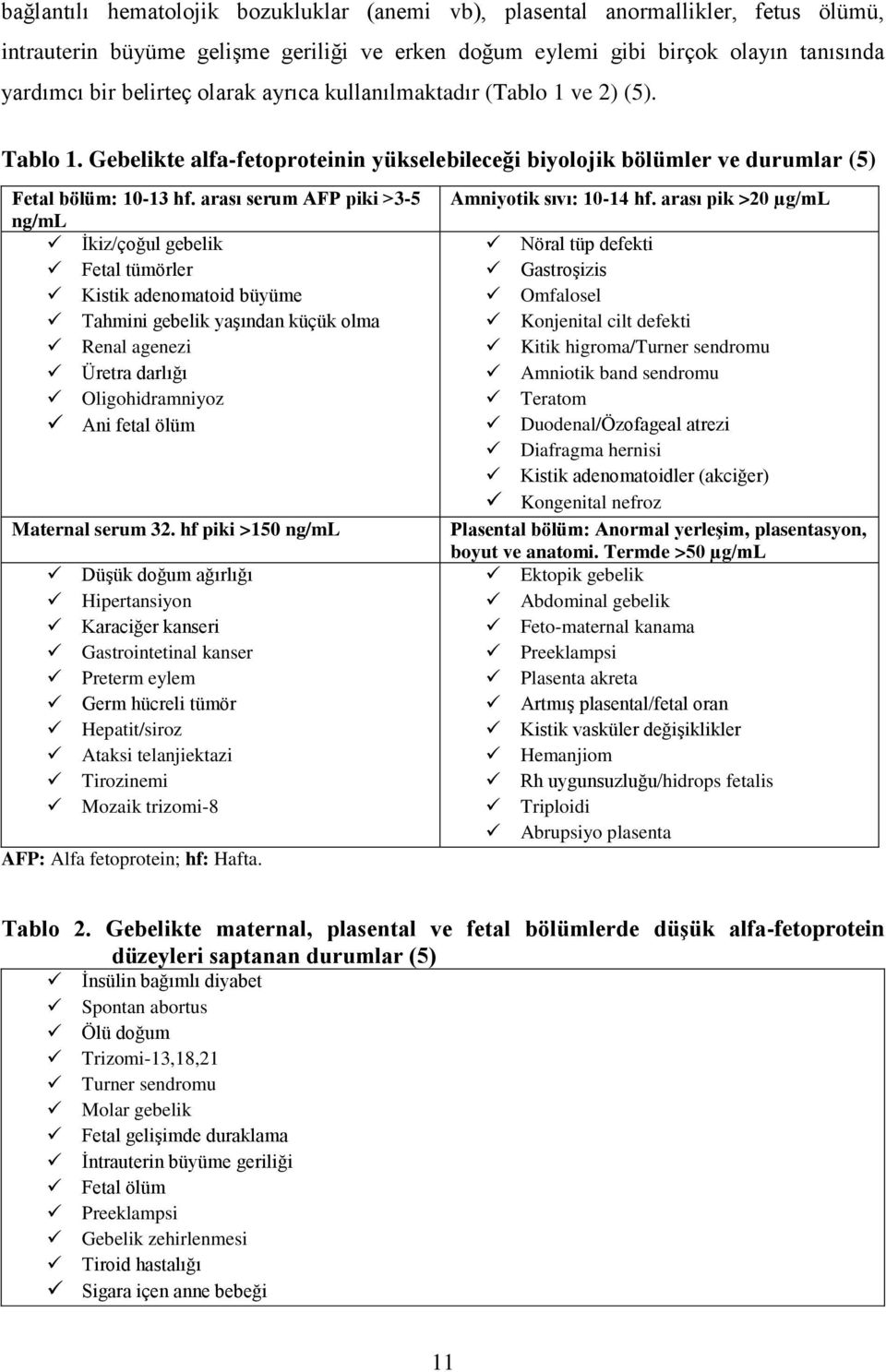 arası serum AFP piki >3-5 ng/ml İkiz/çoğul gebelik Fetal tümörler Kistik adenomatoid büyüme Tahmini gebelik yaşından küçük olma Renal agenezi Üretra darlığı Oligohidramniyoz Ani fetal ölüm Maternal