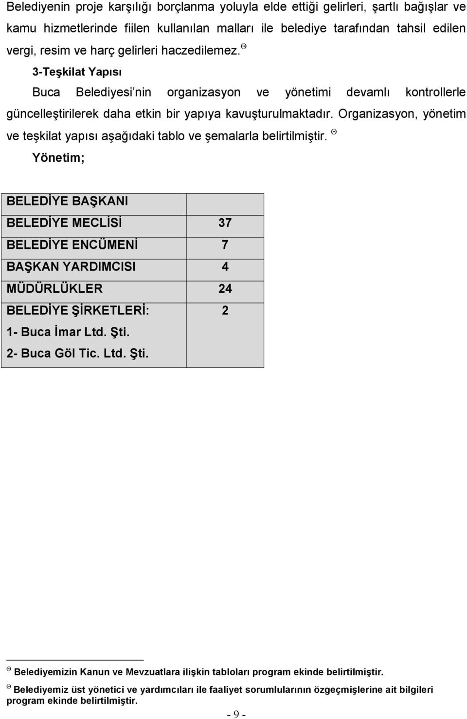 Organizasyon, yönetim ve teşkilat yapısı aşağıdaki tablo ve şemalarla belirtilmiştir.