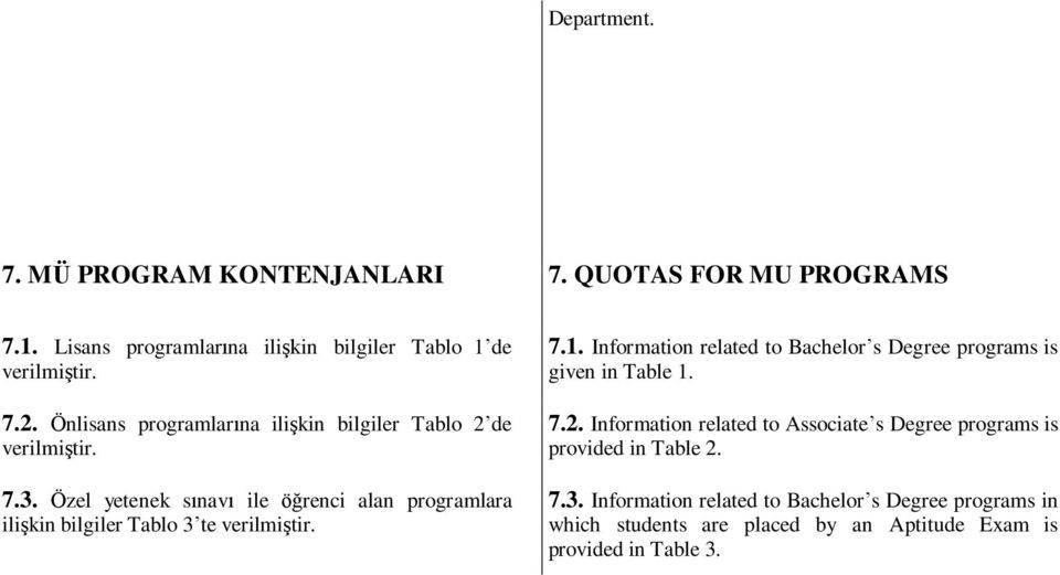 Özel yetenek sınavı ile öğrenci alan programlara ilişkin bilgiler Tablo 3 te verilmiştir. 7.1.