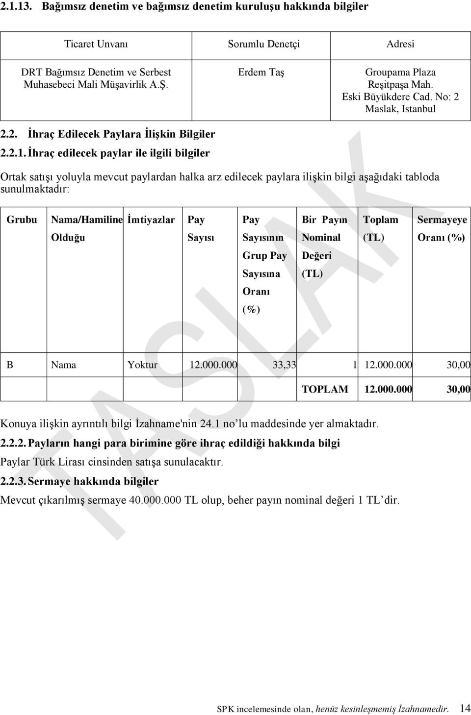 No: 2 Maslak, Istanbul Ortak satışı yoluyla mevcut paylardan halka arz edilecek paylara ilişkin bilgi aşağıdaki tabloda sunulmaktadır: Grubu Nama/Hamiline İmtiyazlar Pay Pay Bir Payın Toplam