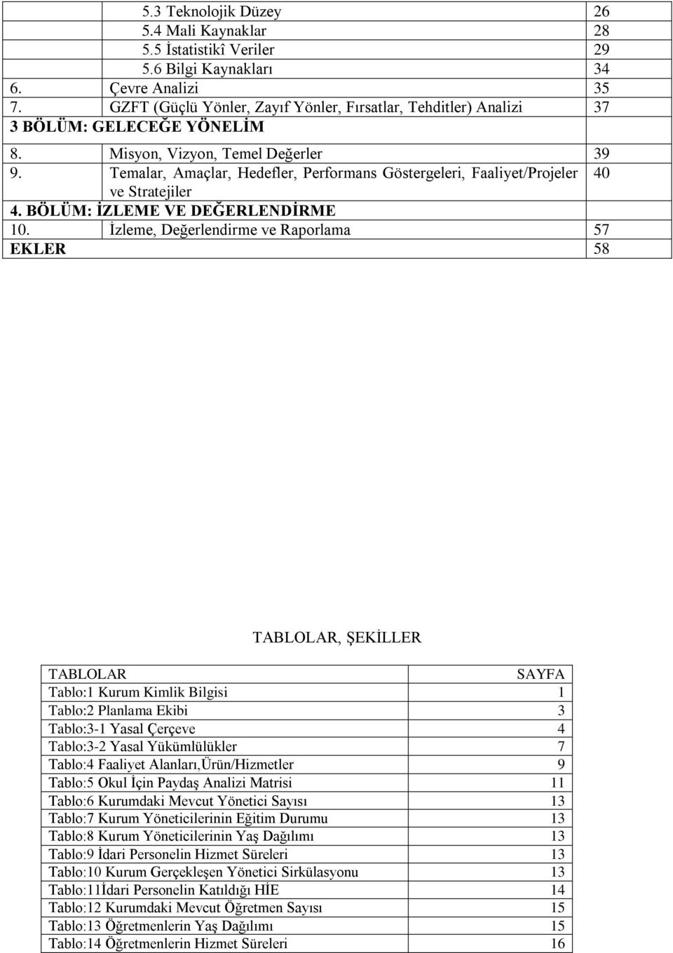 Temalar, Amaçlar, Hedefler, Performans Göstergeleri, Faaliyet/Projeler 40 ve Stratejiler 4. BÖLÜM: ĠZLEME VE DEĞERLENDĠRME 10.