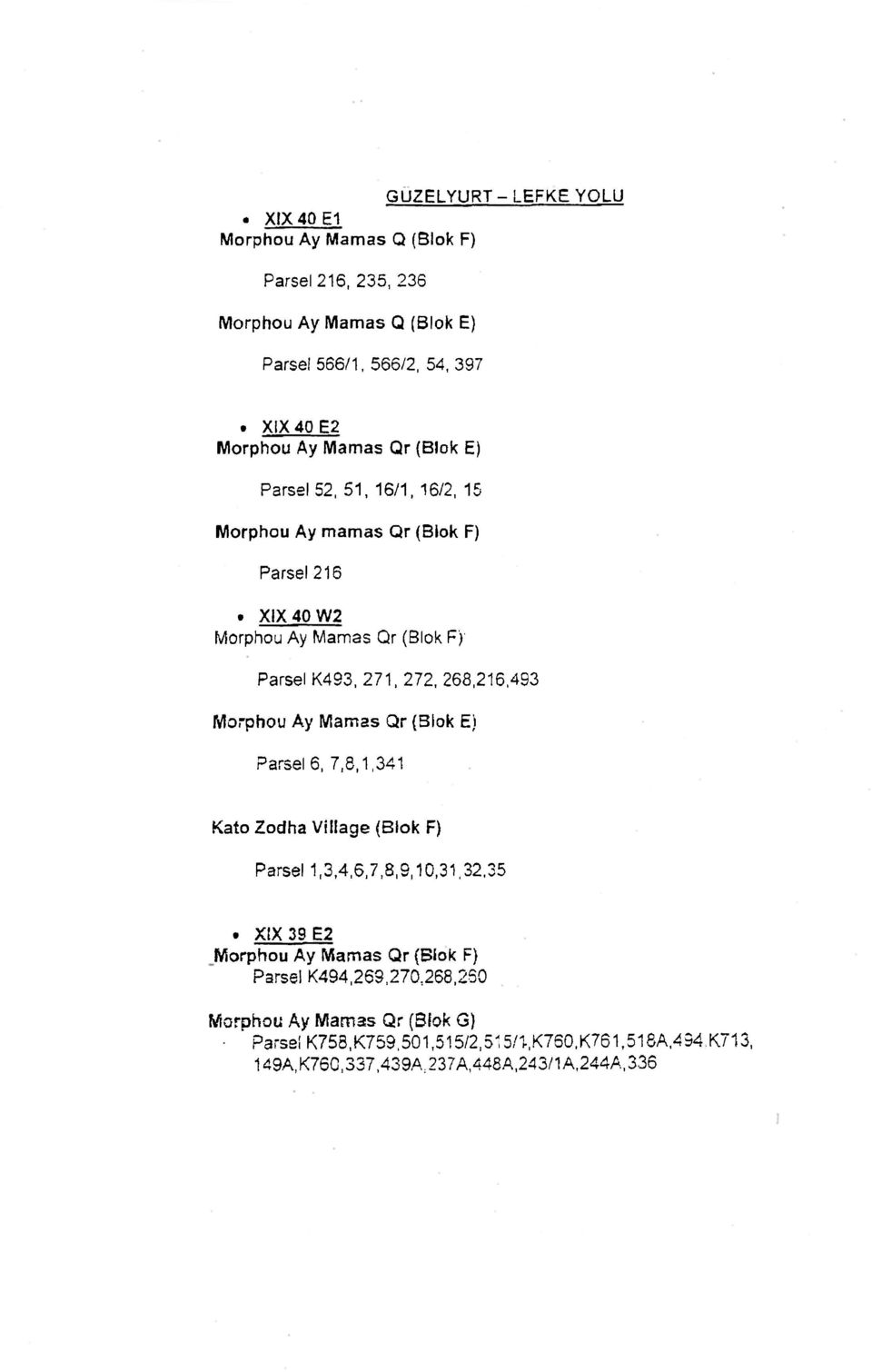 XIX 40 W2 Morphou Ay Mamas Qr (Blok F)' Parsel K493, 271, 272, 268,216,493 Morphou Ay Mamas Qr {Blok E) Parsel 6, 7,8,1,341 Kato Zodha Village (Blok F) Parsel