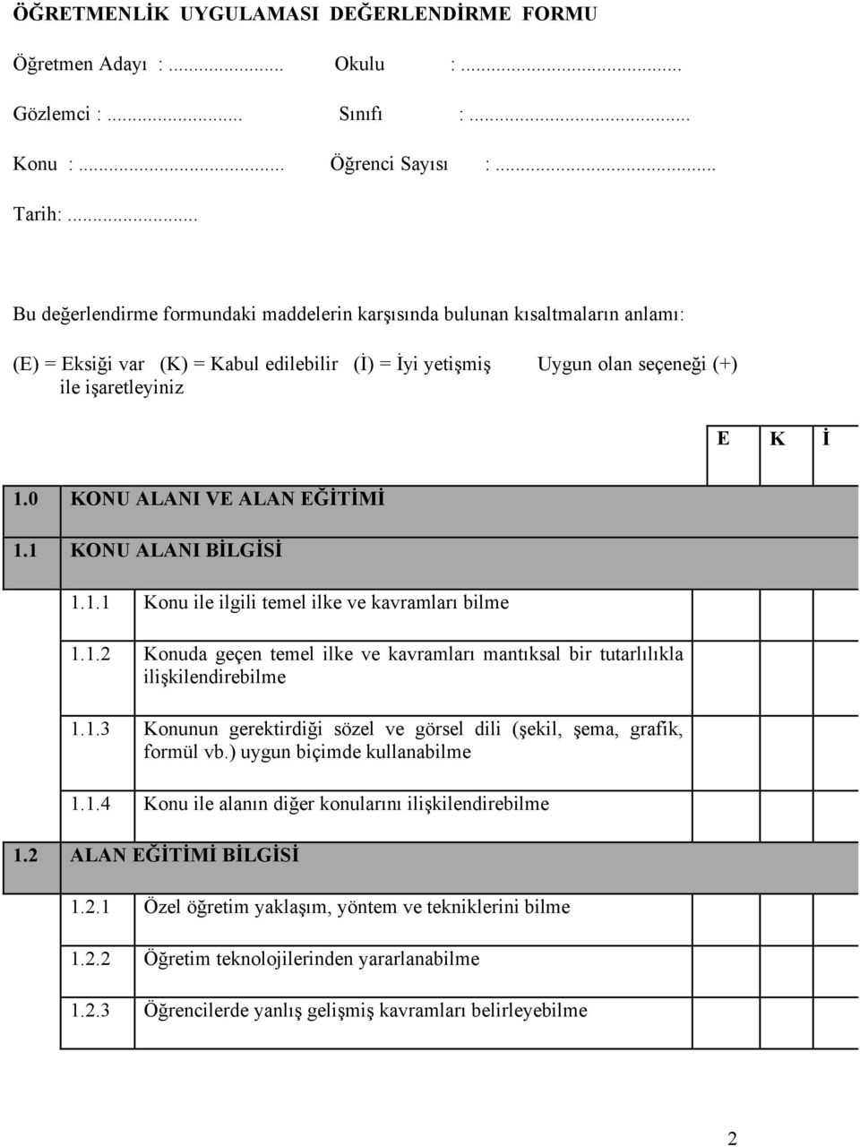 0 KONU ALANI VE ALAN EĞİTİMİ 1.1 KONU ALANI BİLGİSİ 1.1.1 Konu ile ilgili temel ilke ve kavramları bilme 1.1.2 Konuda geçen temel ilke ve kavramları mantıksal bir tutarlılıkla ilişkilendirebilme 1.1.3 Konunun gerektirdiği sözel ve görsel dili (şekil, şema, grafik, formül vb.