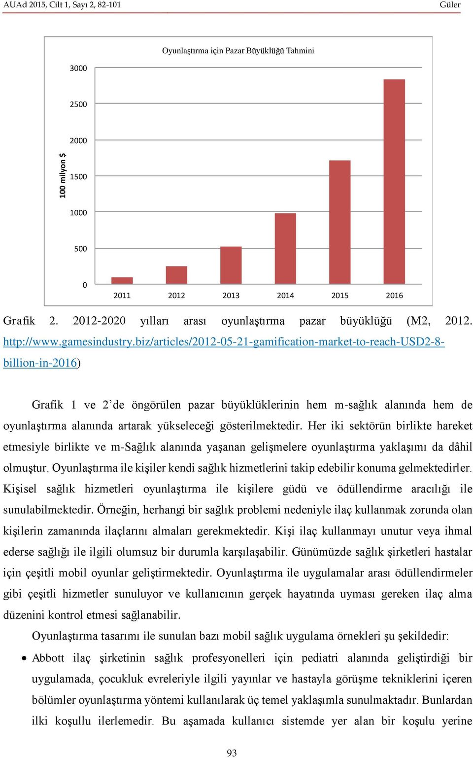 biz/articles/2012-05-21-gamification-market-to-reach-usd2-8- billion-in-2016) Grafik 1 ve 2 de öngörülen pazar büyüklüklerinin hem m-sağlık alanında hem de oyunlaştırma alanında artarak yükseleceği