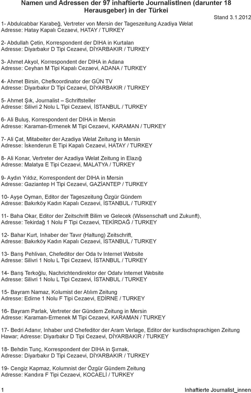 2012 1- Abdulcabbar Karabeğ, Vertreter von Mersin der Tageszeitung Azadiya Welat Adresse: Hatay Kapalı Cezaevi, HATAY / TURKEY 2- Abdullah Çetin, Korrespondent der DIHA in Kurtalan 3- Ahmet Akyol,