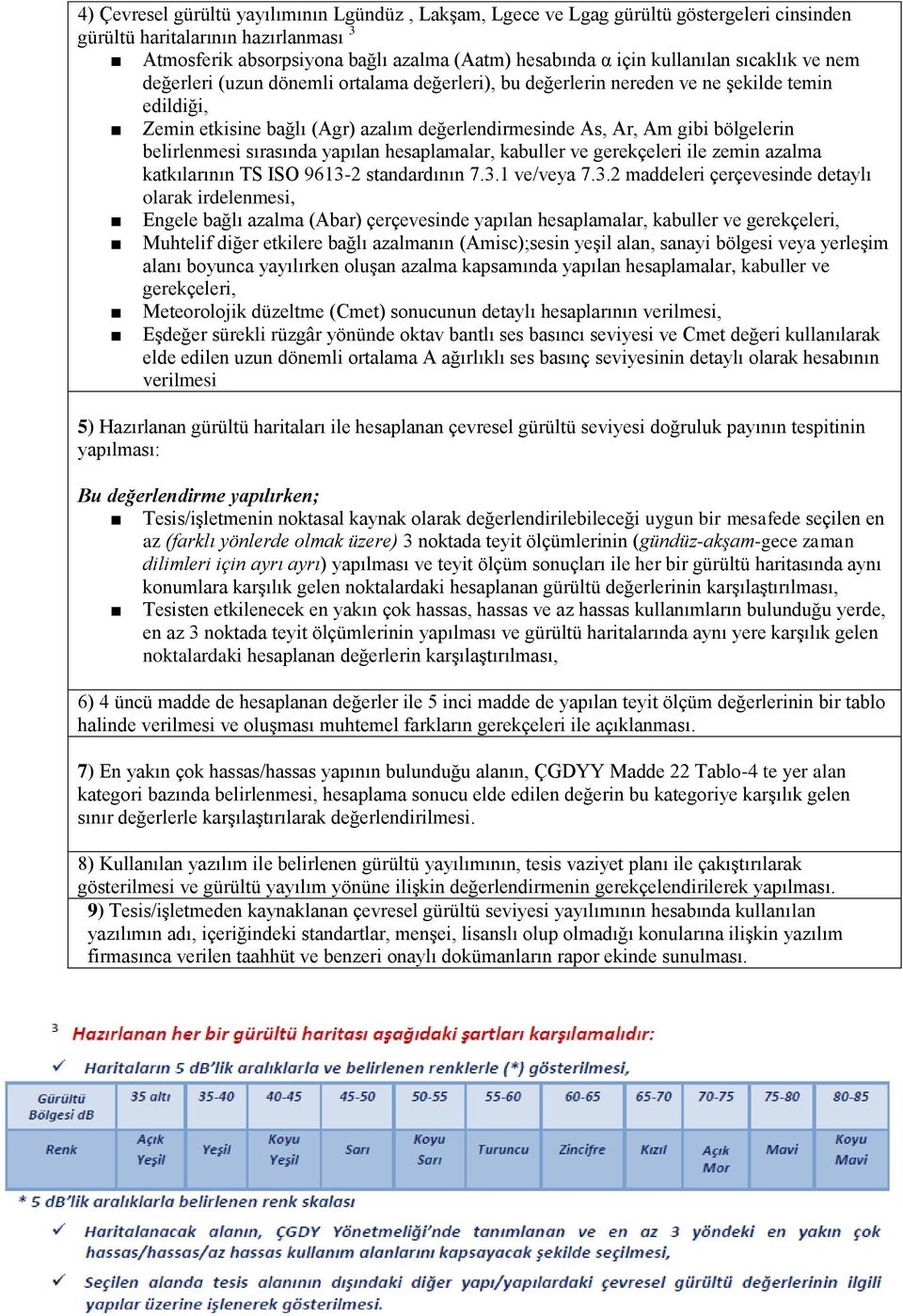 bölgelerin belirlenmesi sırasında yapılan hesaplamalar, kabuller ve gerekçeleri ile zemin azalma katkılarının TS ISO 9613-