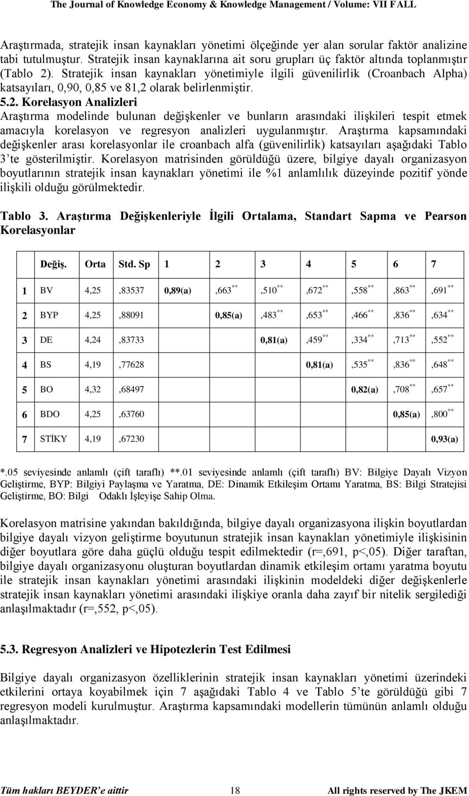 Stratejik insan kaynakları yönetimiyle ilgili güvenilirlik (Croanbach Alpha) katsayıları, 0,90, 0,85 ve 81,2 