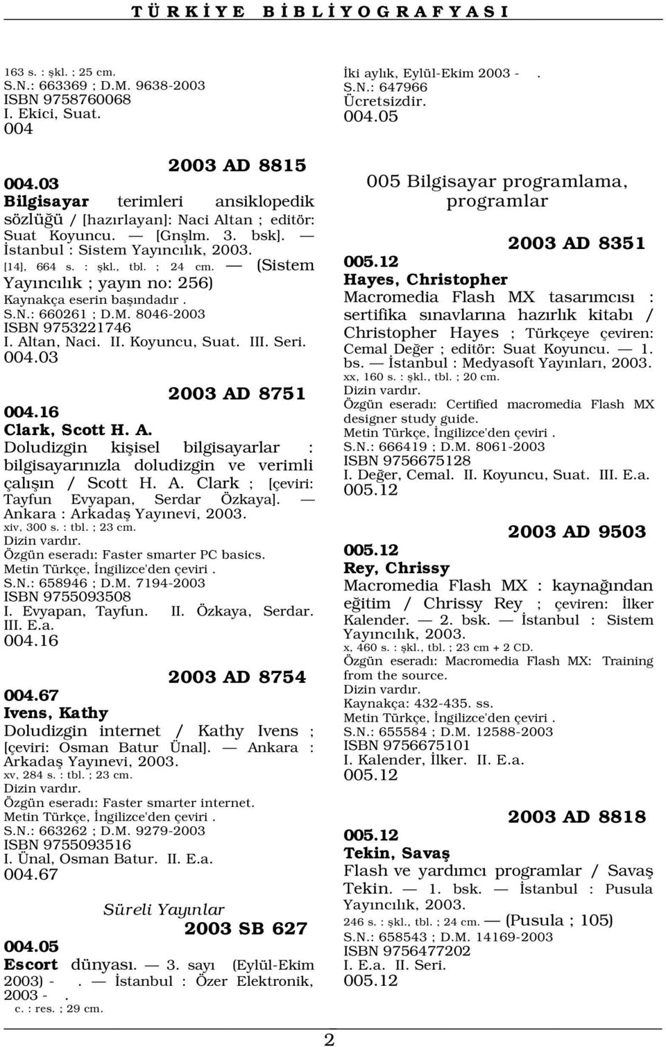 stanbul : Sistem Yay nc l k, 2003 AD 8351 [14], 664 s. : flkl., tbl. ; 24 cm. (Sistem 005.12 Yay nc l k ; yay n no: 256) Hayes, Christopher Kaynakça eserin bafl ndad r.