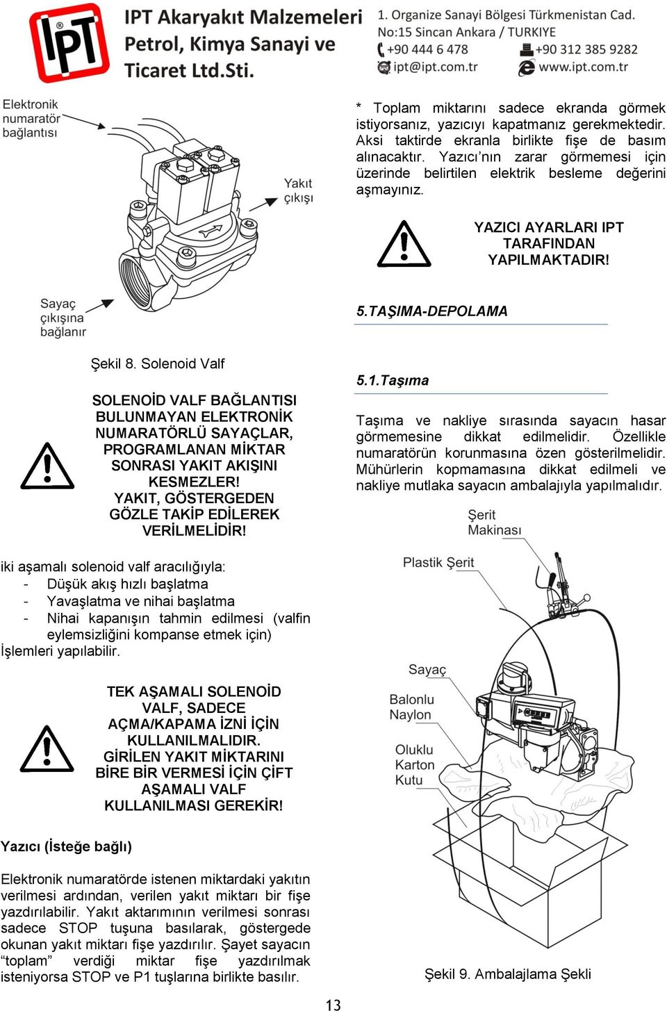 Solenoid Valf SOLENOĠD VALF BAĞLANTISI BULUNMAYAN ELEKTRONĠK NUMARATÖRLÜ SAYAÇLAR, PROGRAMLANAN MĠKTAR SONRASI YAKIT AKIġINI KESMEZLER! YAKIT, GÖSTERGEDEN GÖZLE TAKĠP EDĠLEREK VERĠLMELĠDĠR! 5.1.