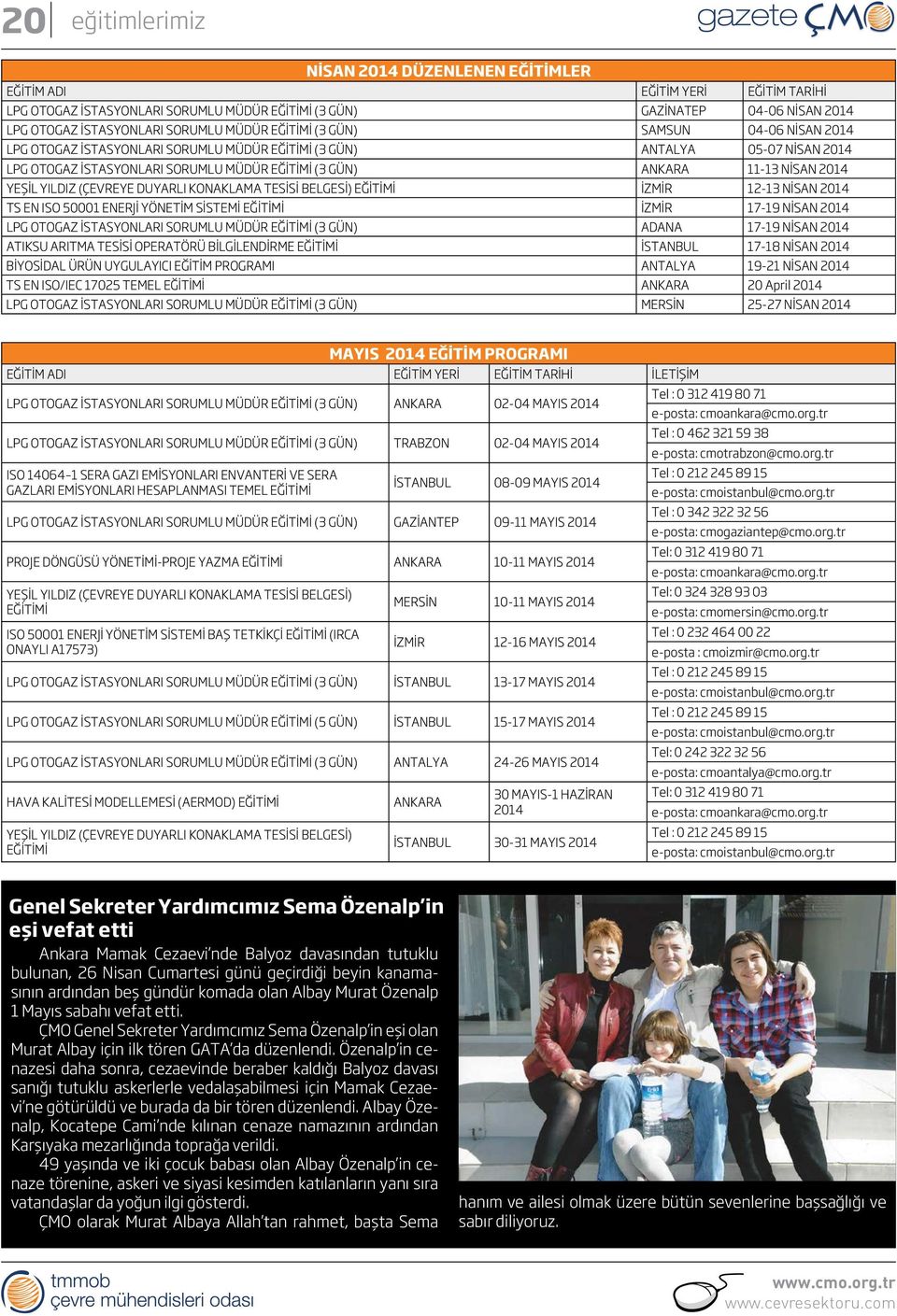 2014 YEŞİL YILDIZ (ÇEVREYE DUYARLI KONAKLAMA TESİSİ BELGESİ) EĞİTİMİ İZMİR 12-13 NİSAN 2014 TS EN ISO 50001 ENERJİ YÖNETİM SİSTEMİ EĞİTİMİ İZMİR 17-19 NİSAN 2014 LPG OTOGAZ İSTASYONLARI SORUMLU MÜDÜR