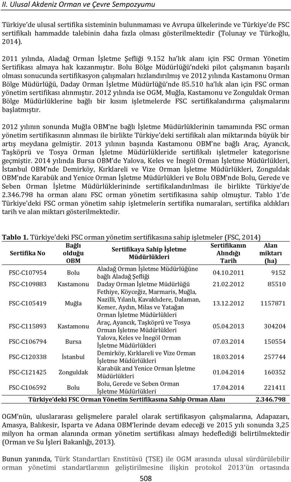 Bolu Bölge Müdürlüğü ndeki pilot çalışmanın başarılı olması sonucunda sertifikasyon çalışmaları hızlandırılmış ve 2012 yılında Kastamonu Orman Bölge Müdürlüğü, Daday Orman İşletme Müdürlüğü nde 85.