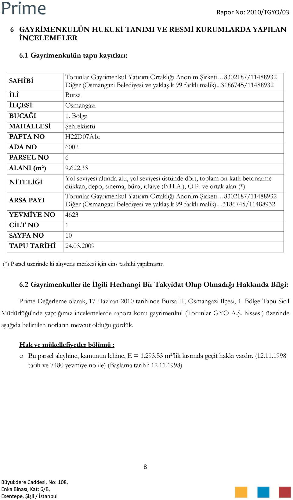 malik)...3186745/11488932 Bursa Osmangazi 1. Bölge ADA NO 6002 PARSEL NO 6 Şehreküstü H22D07A1c ALANI (m²) 9.622,33 NİTELİĞİ ARSA PAYI YEVMİYE NO 4623 CİLT NO 1 SAYFA NO 10 TAPU TARİHİ 24.03.