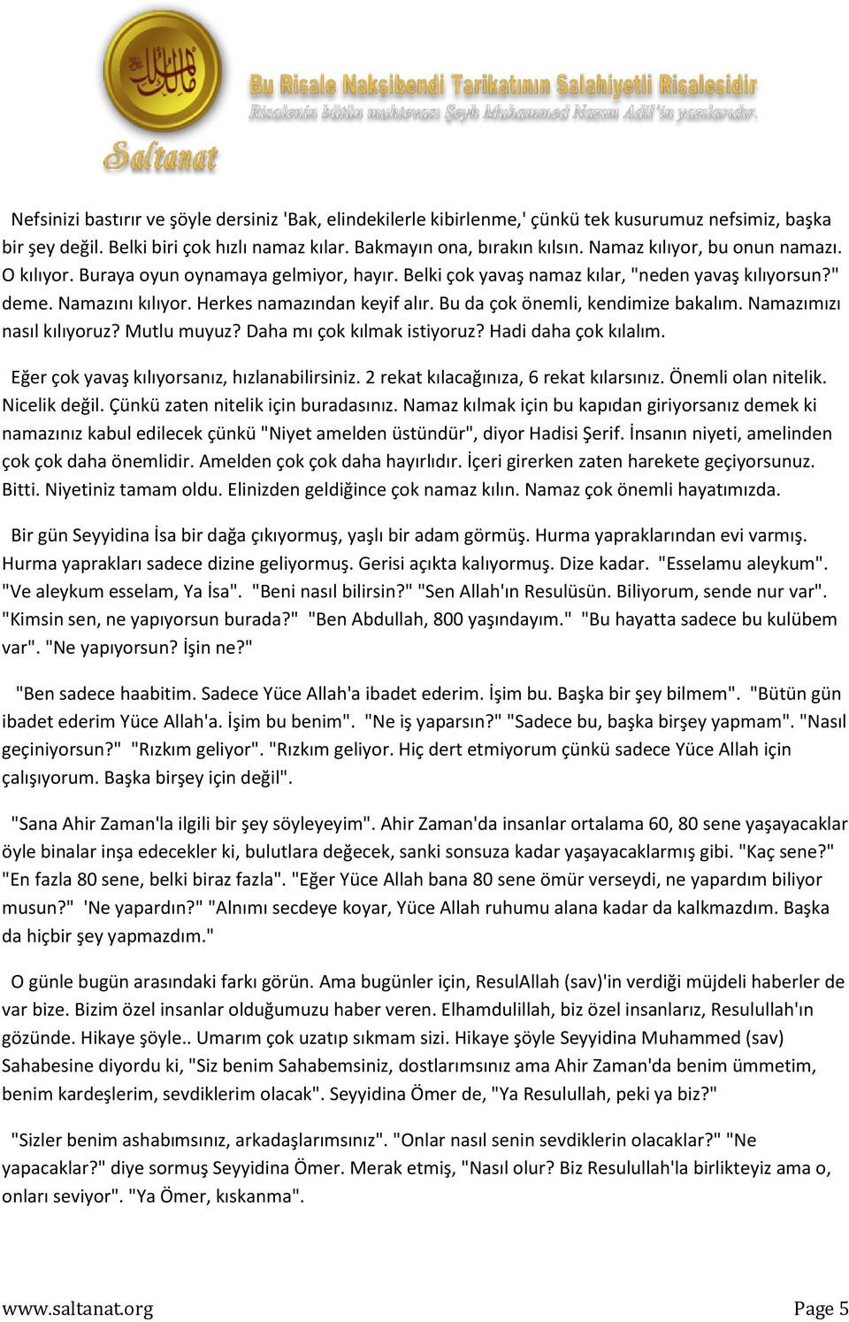 Bu da çok önemli, kendimize bakalım. Namazımızı nasıl kılıyoruz? Mutlu muyuz? Daha mı çok kılmak istiyoruz? Hadi daha çok kılalım. Eğer çok yavaş kılıyorsanız, hızlanabilirsiniz.