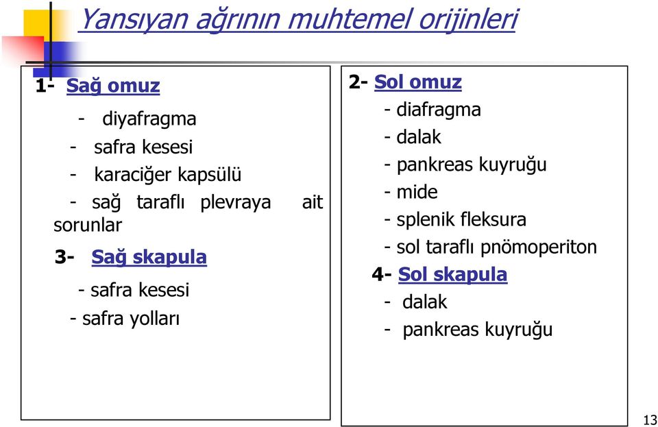 kesesi - safra yolları 2- Sol omuz - diafragma - dalak - pankreas kuyruğu - mide