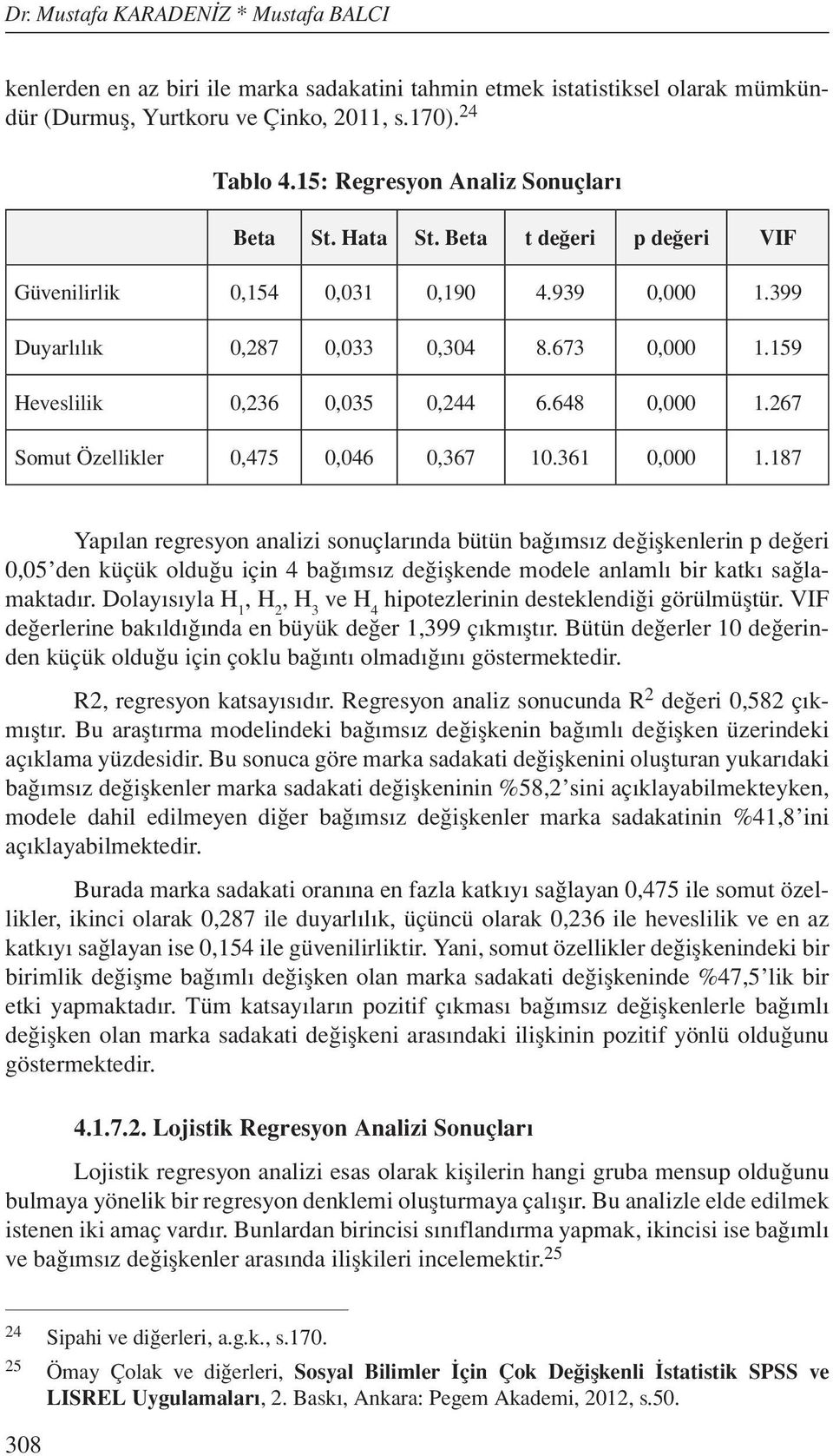 159 Heveslilik 0,236 0,035 0,244 6.648 0,000 1.267 Somut Özellikler 0,475 0,046 0,367 10.361 0,000 1.