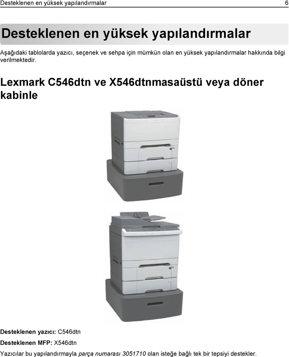 Lexmark C546dtn ve X546dtnmasaüstü veya döner kabinle Desteklenen yazıcı: C546dtn Desteklenen MFP: