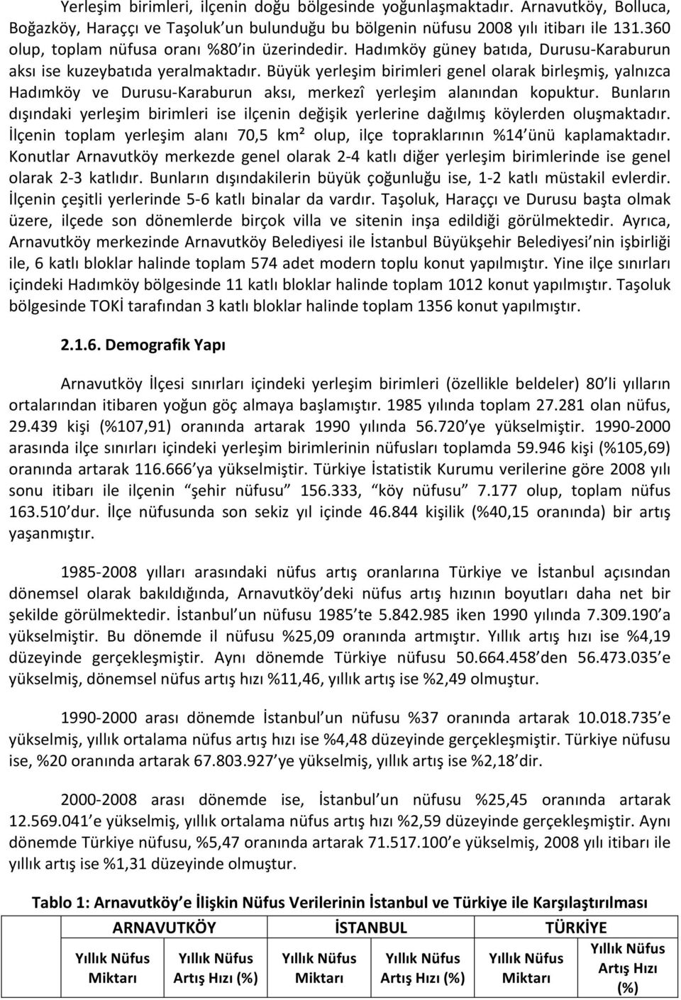 Büyük yerleşim birimleri genel olarak birleşmiş, yalnızca Hadımköy ve Durusu- Karaburun aksı, merkezî yerleşim alanından kopuktur.