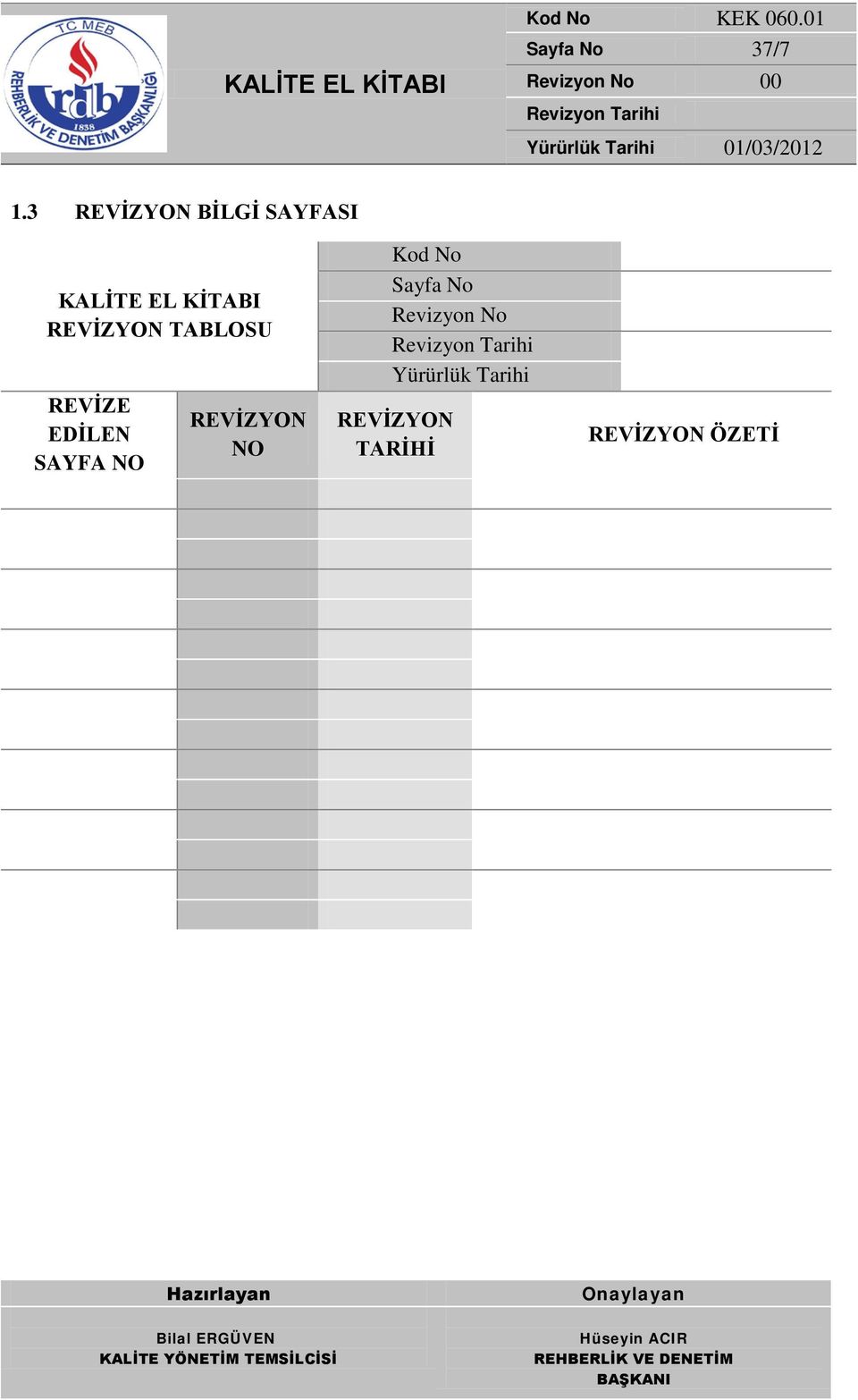 REVİZYON TABLOSU REVİZE EDİLEN SAYFA NO