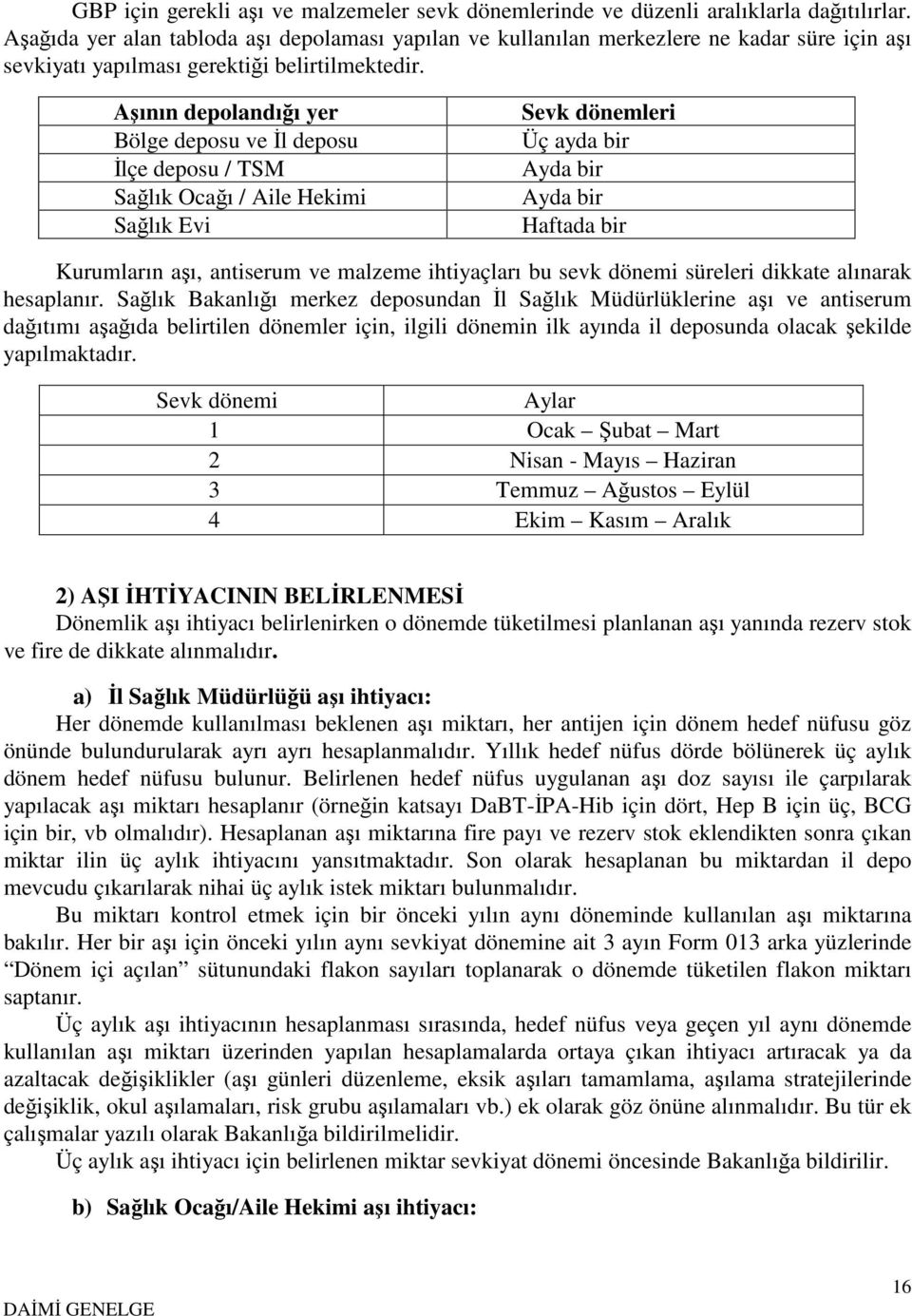 Aşının depolandığı yer Bölge deposu ve İl deposu İlçe deposu / TSM Sağlık Ocağı / Aile Hekimi Sağlık Evi Sevk dönemleri Üç ayda bir Ayda bir Ayda bir Haftada bir Kurumların aşı, antiserum ve malzeme