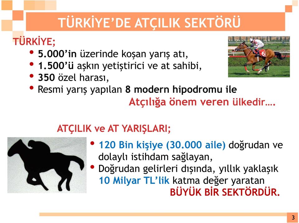 Atçılığa önem veren ülkedir. ATÇILIK ve AT YARIŞLARI; 120 Bin kişiye (30.