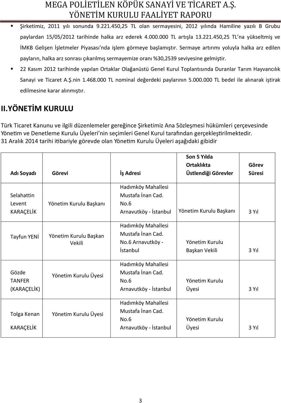 22 Kasım 2012 tarihinde yapılan Ortaklar Olağanüstü Genel Kurul Toplantısında Duranlar Tarım Hayvancılık Sanayi ve Ticaret A.Ş.nin 1.468.000 