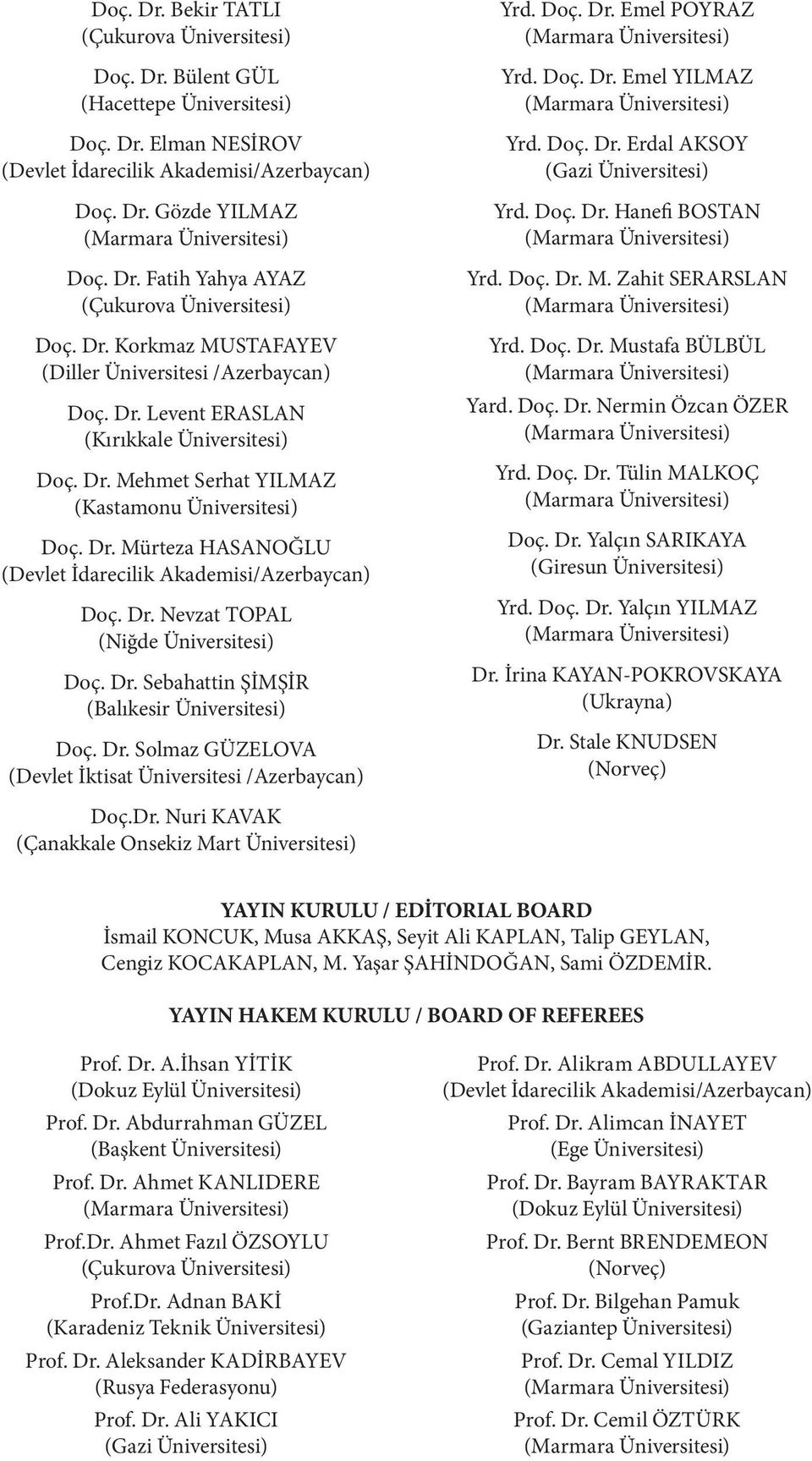 Dr. Mürteza HASANOĞLU (Devlet İdarecilik Akademisi/Azerbaycan) Doç. Dr. Nevzat TOPAL (Niğde Üniversitesi) Doç. Dr. Sebahattin ŞİMŞİR (Balıkesir Üniversitesi) Doç. Dr. Solmaz GÜZELOVA (Devlet İktisat Üniversitesi /Azerbaycan) Doç.