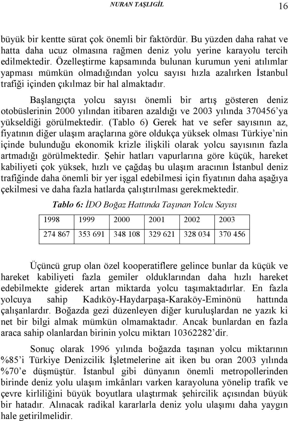 Başlangıçta yolcu sayısı önemli bir artış gösteren deniz otobüslerinin 2000 yılından itibaren azaldığı ve 2003 yılında 370456 ya yükseldiği görülmektedir.