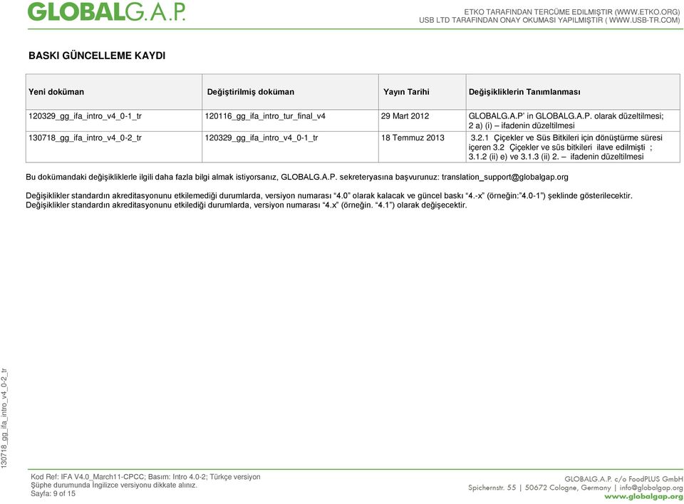 2 Çiçekler ve süs bitkileri ilave edilmişti ; 3.1.2 (ii) e) ve 3.1.3 (ii) 2. ifadenin düzeltilmesi Bu dokümandaki değişikliklerle ilgili daha fazla bilgi almak istiyorsanız, GLOBALG.A.P.