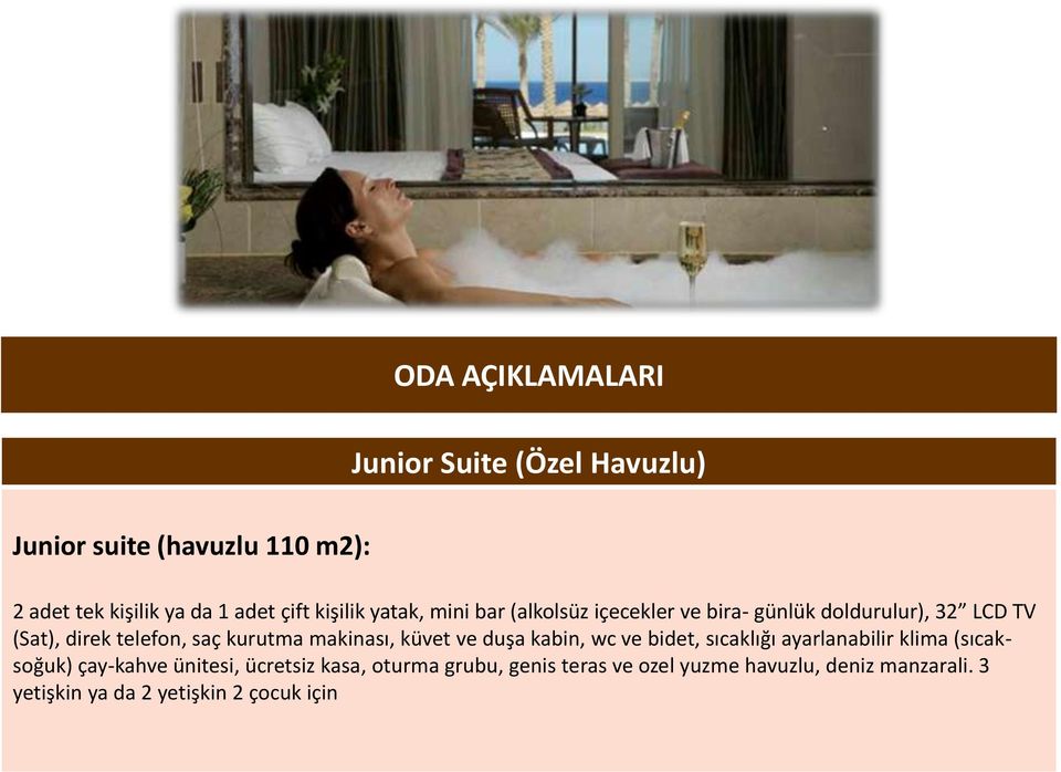 kurutma makinası, küvet ve duşa kabin, wc ve bidet, sıcaklığı ayarlanabilir klima (sıcaksoğuk) çay-kahve ünitesi,