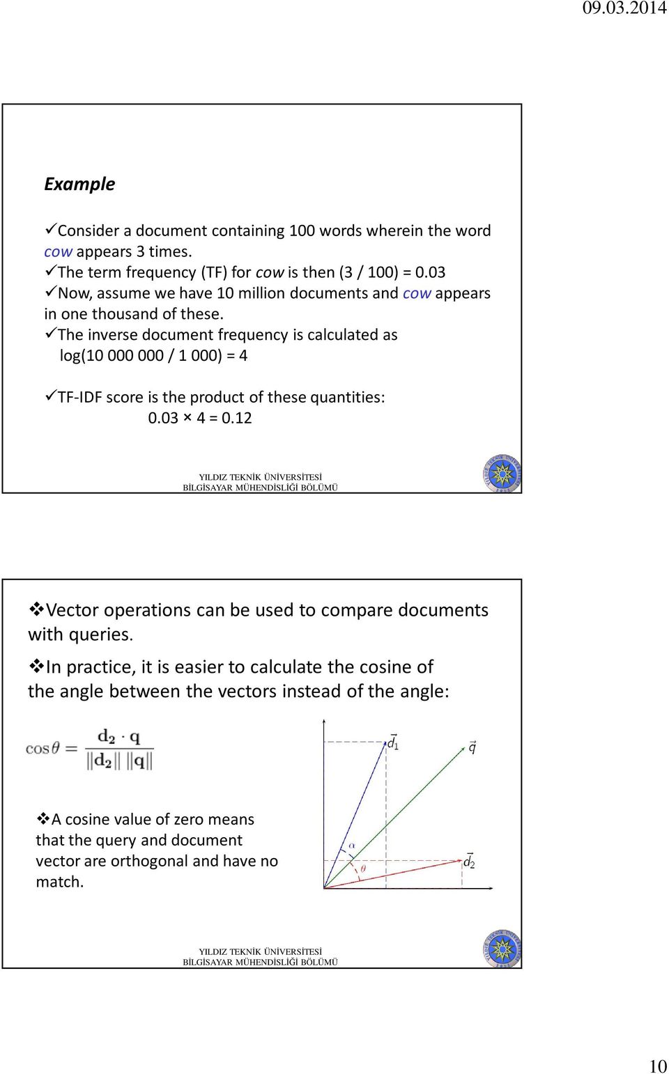 The inverse document frequency is calculated as log(10 000 000 / 1 000) = 4 TF-IDF score is the product of these quantities: 0.03 4 = 0.