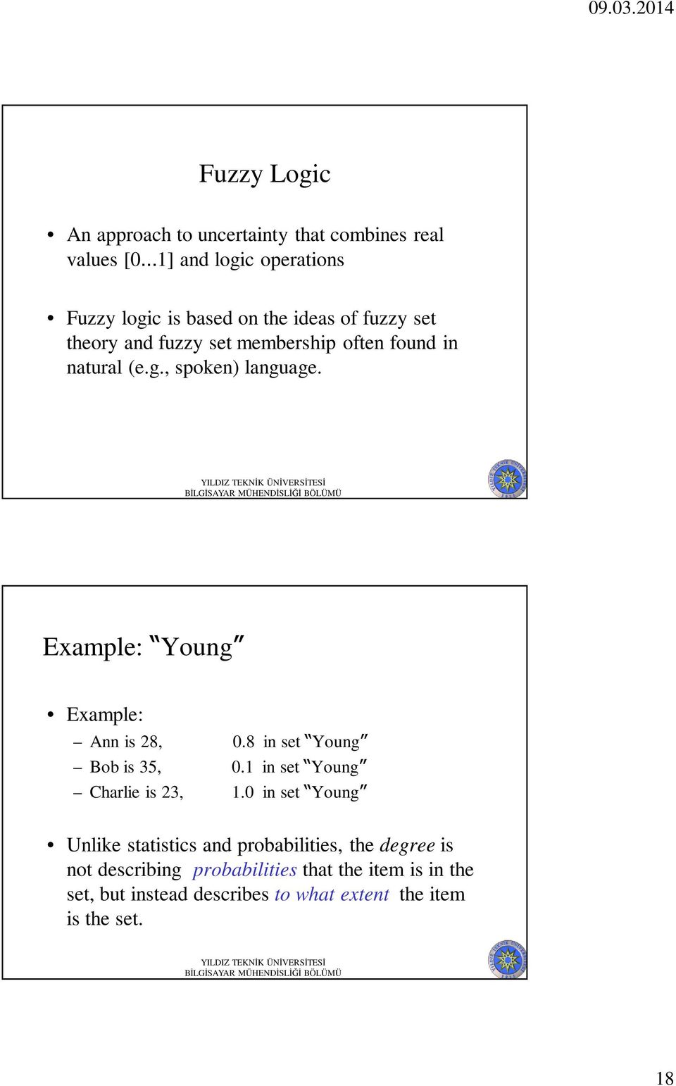 Example: Young Example: Ann is 28, 0.8 in set Young Bob is 35, 0.1 in set Young Charlie is 23, 1.