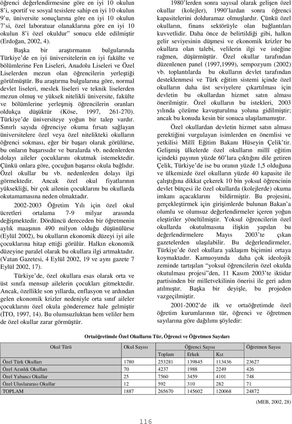 Baka bir aratırmanın bulgularında Türkiye de en iyi üniversitelerin en iyi fakülte ve bölümlerine Fen Liseleri, Anadolu Liseleri ve Özel Liselerden mezun olan örencilerin yerletii görülmütür.