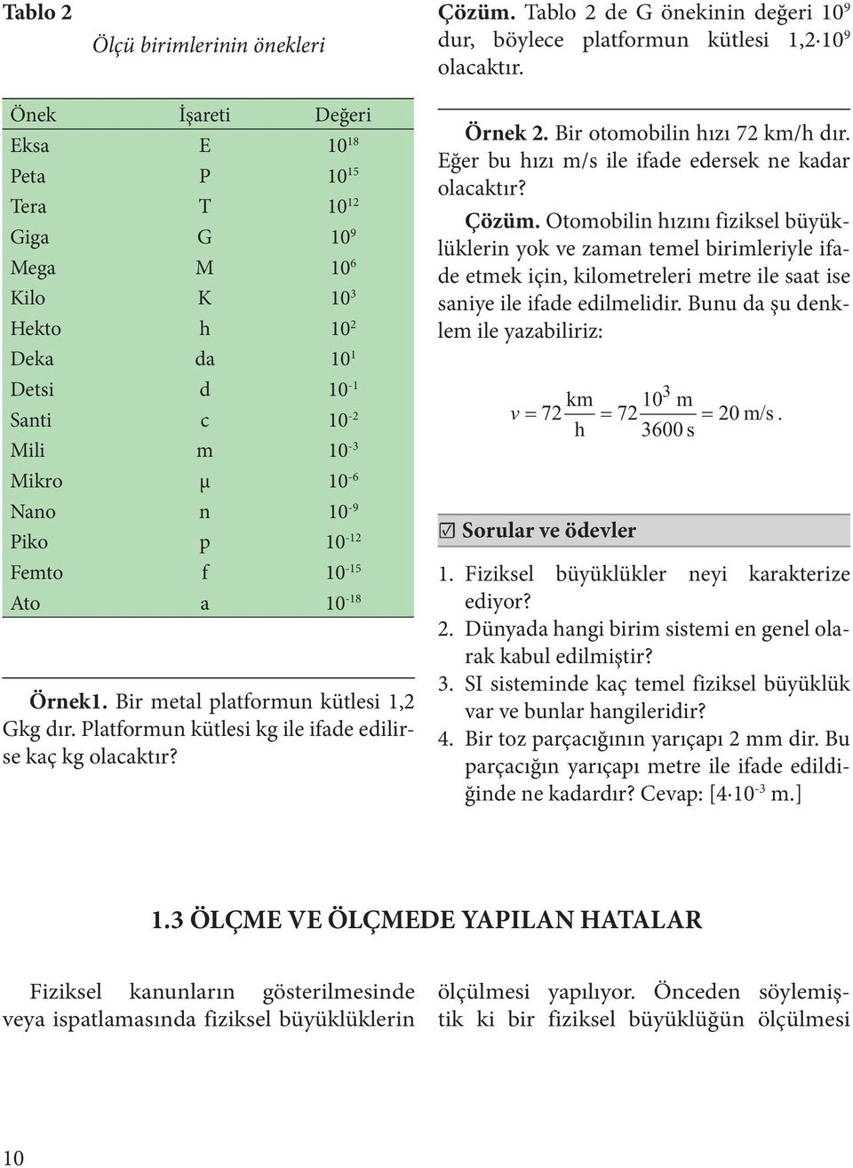 f 10-15 Ato a 10-18 Örnek1. Bir metal platformun kütlesi 1, Gkg dır. Platformun kütlesi kg ile ifade edilirse kaç kg olacaktır? Örnek. Bir otomobilin hızı 7 km/h dır.