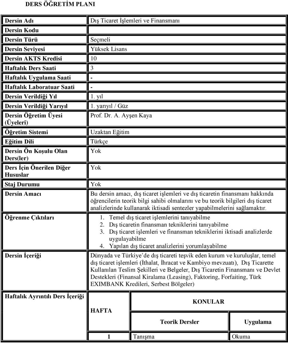 İçeriği Dış Ticaret İşlemleri ve Finansmanı Seçmeli Yüksek Lisans 1. yıl 1. yarıyıl / Güz Prof. Dr. A.