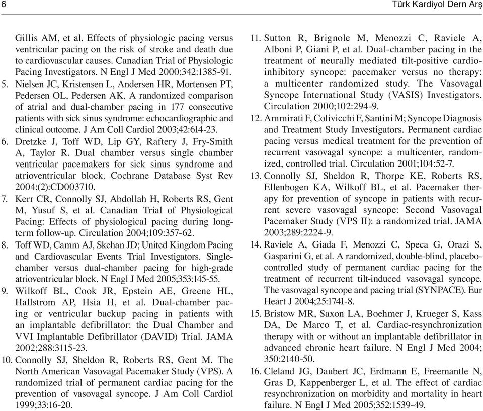 A randomized comparison of atrial and dual-chamber pacing in 177 consecutive patients with sick sinus syndrome: echocardiographic and clinical outcome. J Am Coll Cardiol 2003;42:614-23. 6.