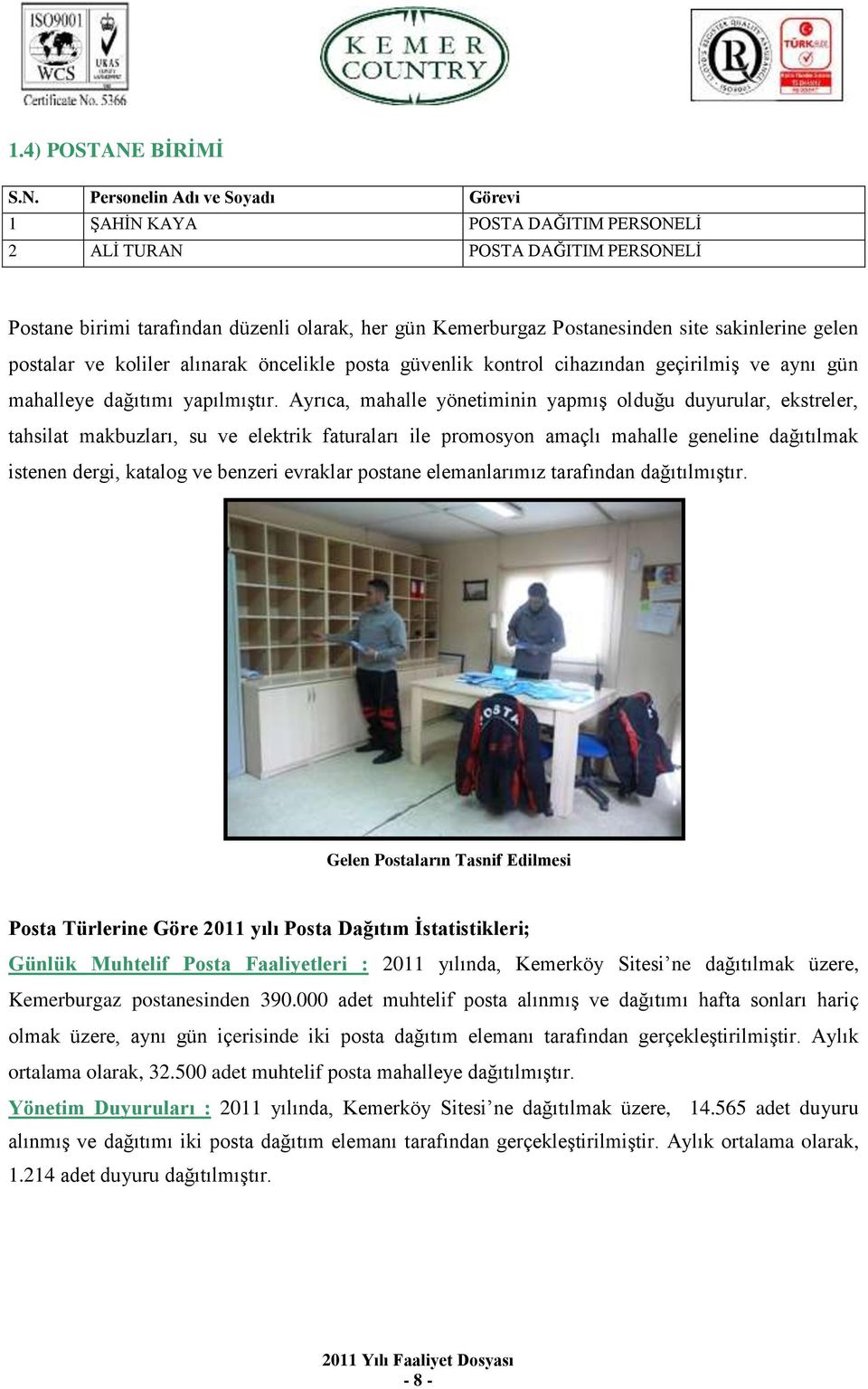 Personelin Adı ve Soyadı Görevi 1 ŞAHİN KAYA POSTA DAĞITIM PERSONELİ 2 ALİ TURAN POSTA DAĞITIM PERSONELİ Postane birimi tarafından düzenli olarak, her gün Kemerburgaz Postanesinden site sakinlerine