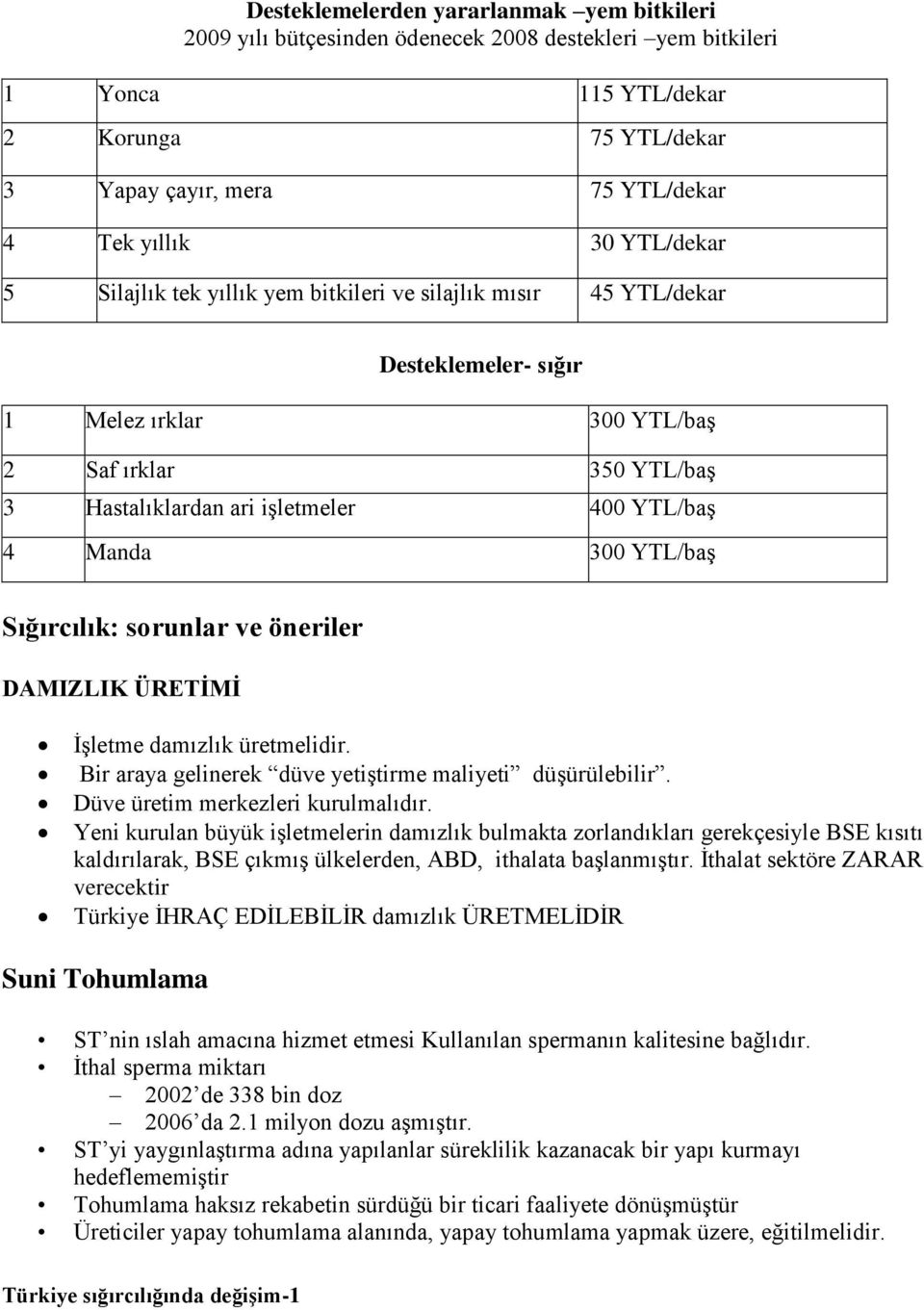 Manda 300 YTL/baş Sığırcılık: sorunlar ve öneriler DAMIZLIK ÜRETİMİ İşletme damızlık üretmelidir. Bir araya gelinerek düve yetiştirme maliyeti düşürülebilir. Düve üretim merkezleri kurulmalıdır.