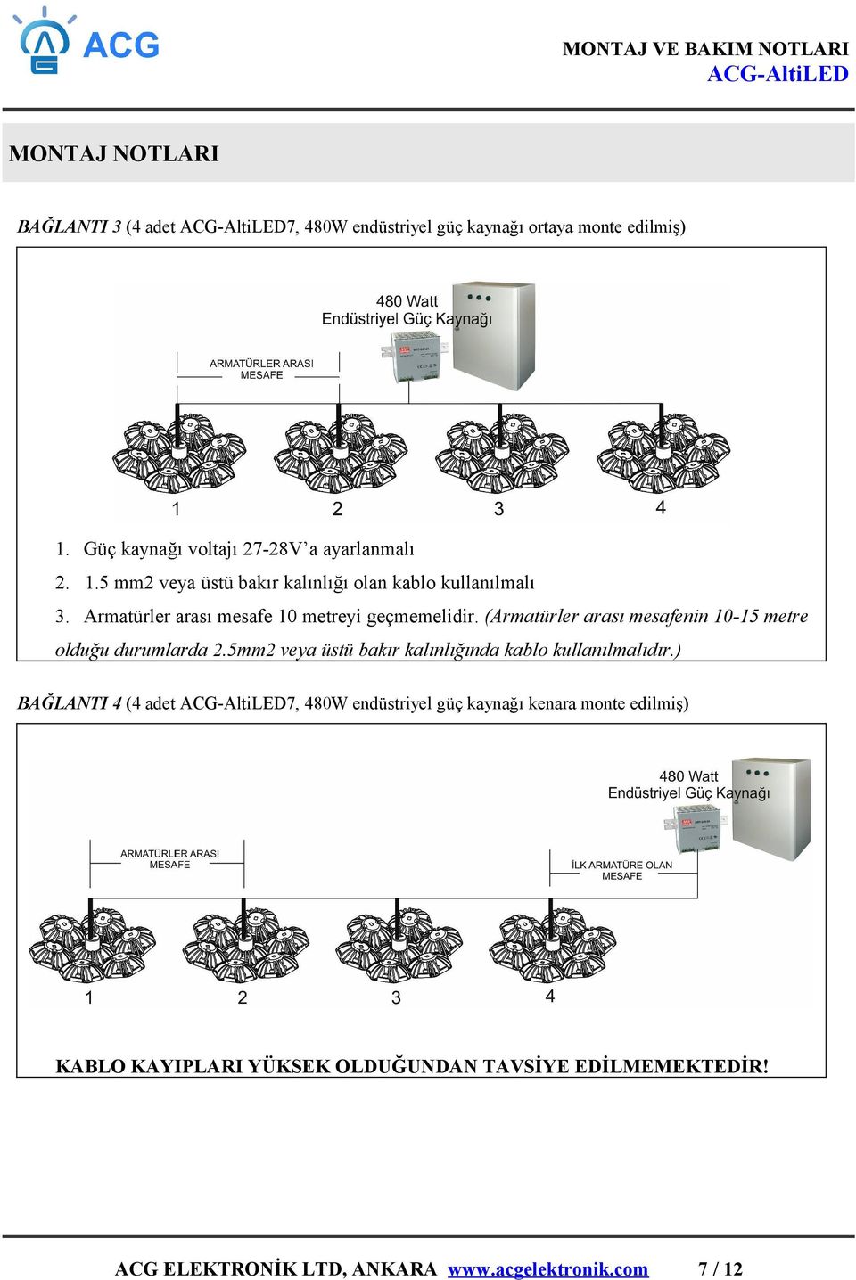 Armatürler arası mesafe 10 metreyi geçmemelidir. (Armatürler arası mesafenin 10-15 metre olduğu durumlarda 2.