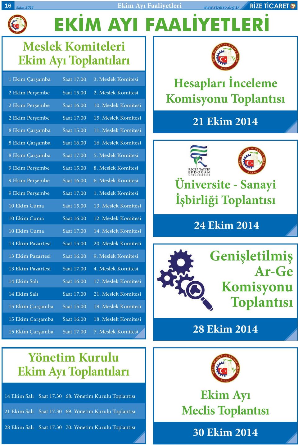 Meslek Komitesi Ekim Ayı Faaliyetleri 21 Ekim 2014 RİZE TİCARET EKİM AYI FAALİYETLERİ Hesapları İnceleme Komisyonu Toplantısı 9 Ekim Perşembe Saat 15.00 8. Meslek Komitesi 9 Ekim Perşembe Saat 16.