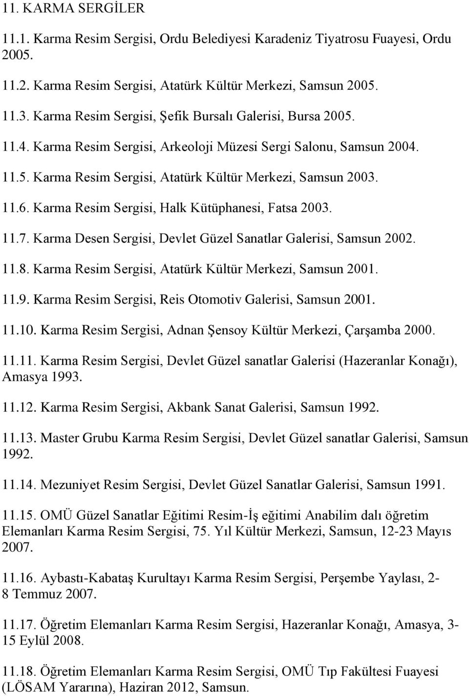 Karma Resim Sergisi, Halk Kütüphanesi, Fatsa 2003. 11.7. Karma Desen Sergisi, Devlet Güzel Sanatlar Galerisi, Samsun 2002. 11.8. Karma Resim Sergisi, Atatürk Kültür Merkezi, Samsun 2001. 11.9.