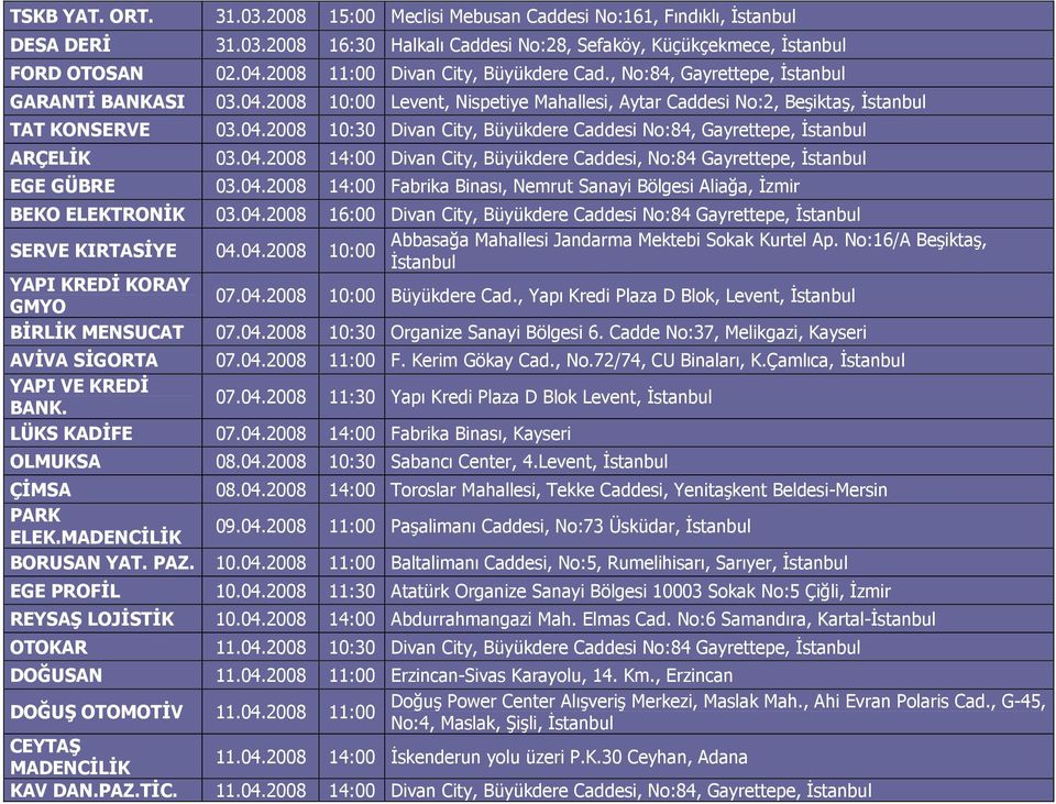 04.2008 14:00 Divan City, Büyükdere Caddesi, No:84 Gayrettepe, Đstanbul EGE GÜBRE 03.04.2008 14:00 Fabrika Binası, Nemrut Sanayi Bölgesi Aliağa, Đzmir BEKO ELEKTRONĐK 03.04.2008 16:00 Divan City, Büyükdere Caddesi No:84 Gayrettepe, Đstanbul SERVE KIRTASĐYE 04.