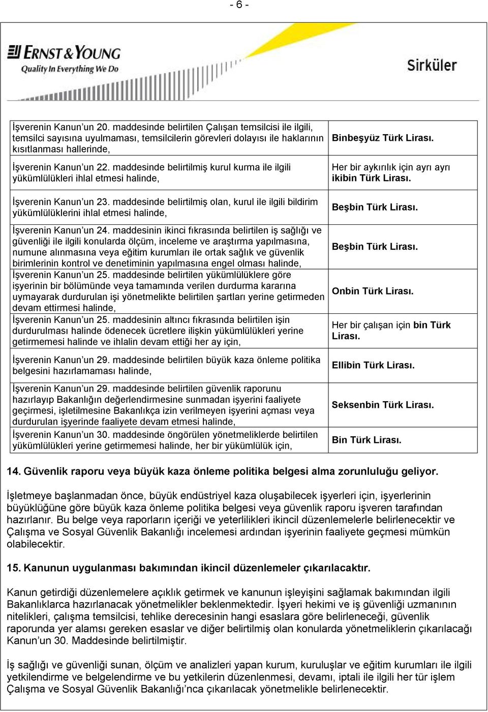 maddesinde belirtilmiş kurul kurma ile ilgili yükümlülükleri ihlal etmesi halinde, Binbeşyüz Türk Lirası. Her bir aykırılık için ayrı ayrı ikibin Türk Lirası. İşverenin Kanun un 23.