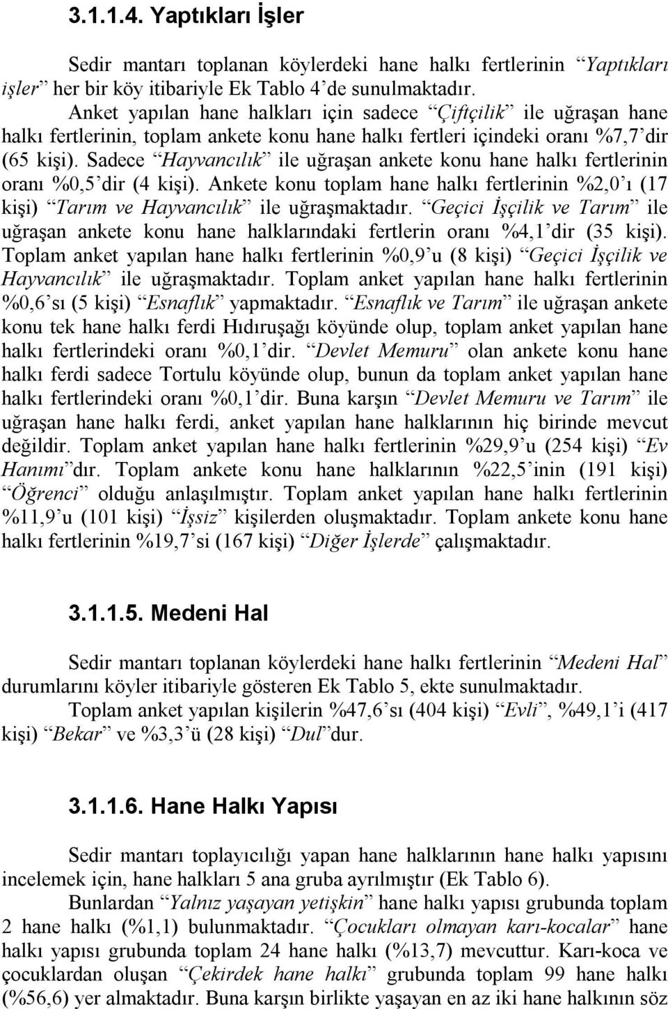 Sadece Hayvancılık ile uğraşan ankete konu hane halkı fertlerinin oranı %0,5 dir (4 kişi). Ankete konu toplam hane halkı fertlerinin %2,0 ı (17 kişi) Tarım ve Hayvancılık ile uğraşmaktadır.