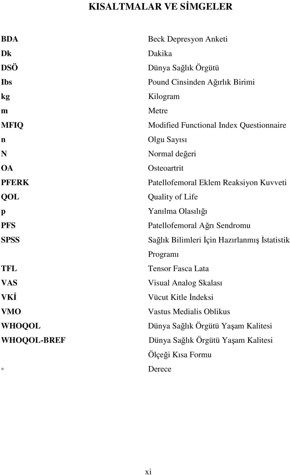 Olasılığı PFS Patellofemoral Ağrı Sendromu SPSS Sağlık Bilimleri Đçin Hazırlanmış Đstatistik Programı TFL Tensor Fasca Lata VAS Visual Analog Skalası VKĐ