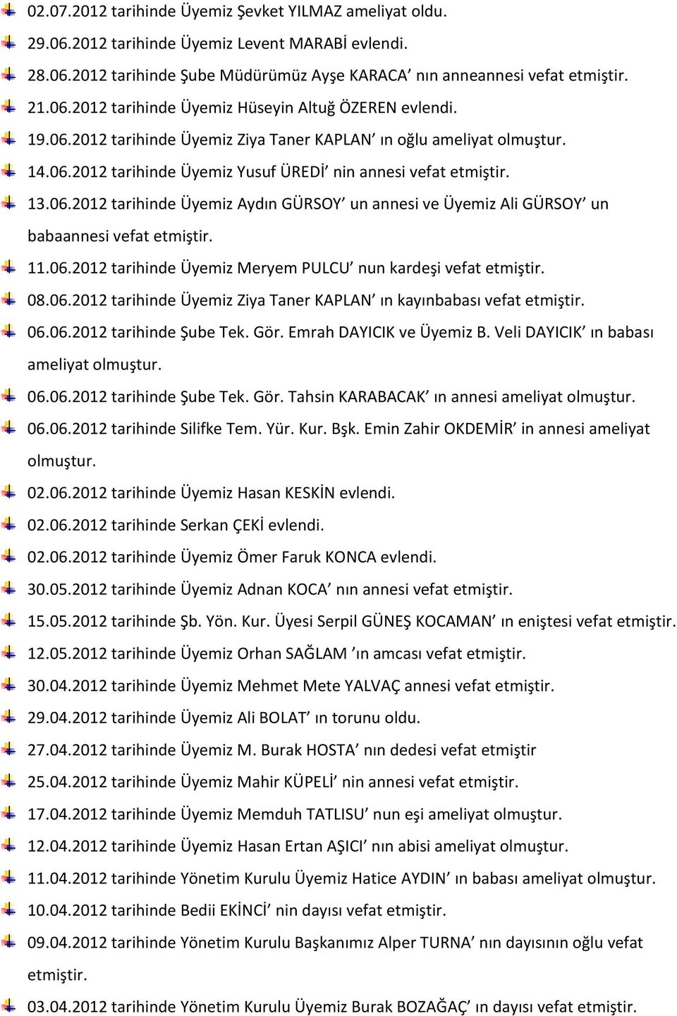 06.2012 tarihinde Üyemiz Meryem PULCU nun kardeşi 08.06.2012 tarihinde Üyemiz Ziya Taner KAPLAN ın kayınbabası 06.06.2012 tarihinde Şube Tek. Gör. Emrah DAYICIK ve Üyemiz B.