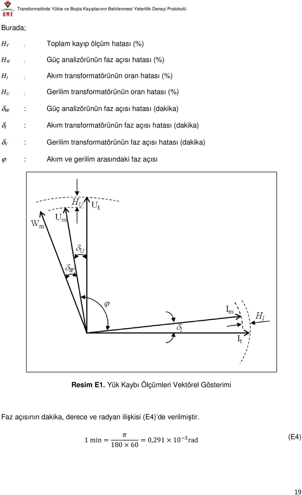 hatası (dakika) δ V : Gerilim transformatörünün faz açısı hatası (dakika) ϕ : Akım ve gerilim arasındaki faz açısı Resim E1.