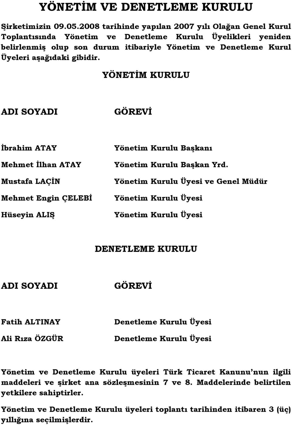 gibidir. YÖNETĠM KURULU ADI SOYADI GÖREVĠ Ġbrahim ATAY Mehmet Ġlhan ATAY Mustafa LAÇĠN Mehmet Engin ÇELEBĠ Hüseyin ALIġ Yönetim Kurulu BaĢkanı Yönetim Kurulu BaĢkan Yrd.